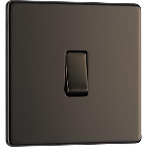 Image of BG Electrical Single Intermediate Wall Light Switch, Screwless Front Plate, Slim Profile, Premium Flatplate, Black Nickel, 20A, 16AX, FBN13