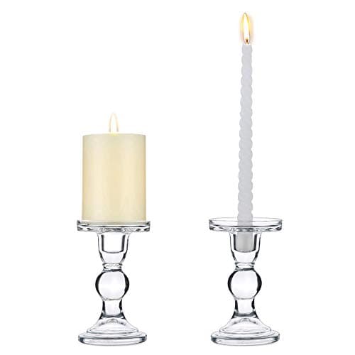 Image of NUPTIO Set of 2 Clear Glass Pillar Candle Holders, Wedding Centerpieces Candlestick Holders for 80mm Candles & Taper Candles Ideal Decoration for Weddings Events Parties, Christmas Candle Holder