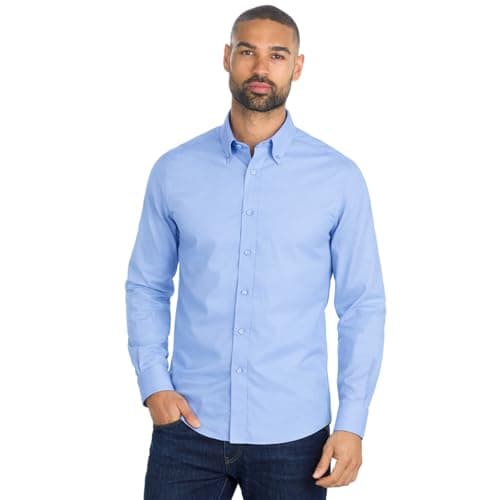 Image of Mens Long Sleeve Shirt Slim Fit Easy Iron Collared Button Up Poplin Smart Casual Business Wedding Office Shirt (Light Blue Cotton, 16.5)