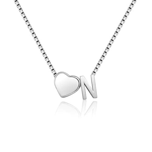 Image of RMMD Silver Initial Necklace for Women Girls - 18K White Plated Personalised Heart Letter N Initial Necklace Gifts for Women Silver Jewellery Jewelry Birthday Mothers Day Gifts for Mom Grandma