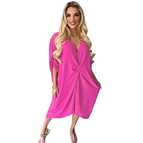 Image of Women Tie Knot Twist V-Neck Oversized Long Soft Touch Summer Smock Midi Dress Ladies Plain Batwing Sleeve Baggy Midi Dress Roise Pk Plus Size 12-14 Rose Pink