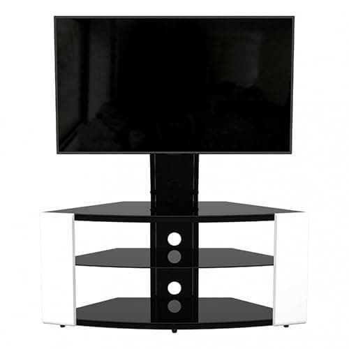 Image of AVF Corner TV Stand with Bracket for 32–65” TVs – AVF Como Gloss White 1.08m TV Unit – VESA 600x400, Tempered Glass Shelves, Cable Management