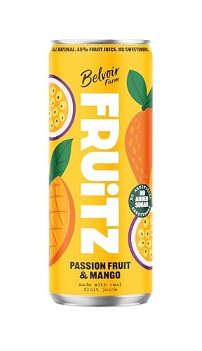 Image of FRUiTZ Mango and Passionfruit Sparkling Soft Drink, 24 x 330ml Cans, 45% Real Fruit Juice, Carbonated Spring Water, Youth Friendly Beverage