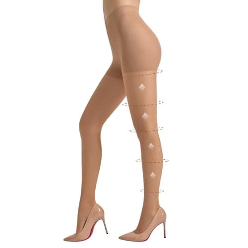 Image of MANZI Compression Tights High Waisted Control Top Push Up Effect Slimming Pantyhose 1 Pairs Natural Nude L
