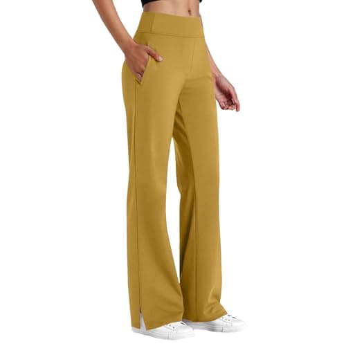 Image of Cocila Women's Wide Leg Trousers 2 Front Side Pockets Tailored Smart Formal Relaxed Fit Trouser Business Office Work Womens Pants Bottoms UK Yellow 4XL