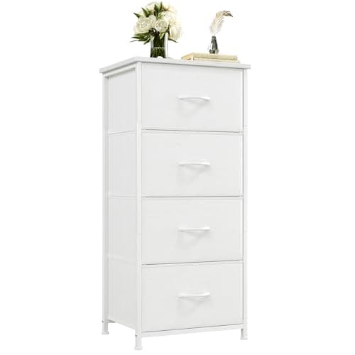 Image of Somdot Chest of Drawers for Bedroom with 4 Fabric Drawers, Bedside Storage Cabinet for Kids Dorm Living Room Closet Wardrobe Laundry Entryway Hallway, White Leather