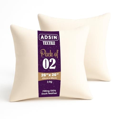Image of adsin White Duck Feather Cushion Inserts 2 Pack 26" x 26" (65cm x 65cm), Feather Cushions, 100% Down Proof Cotton Cover, Machine Washable Square Cushion - Pack of 2