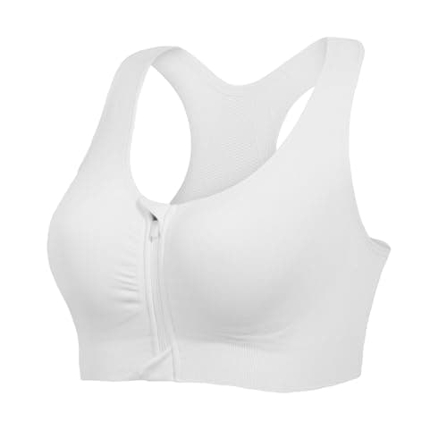 Image of Lemef Front Zipper Sports Bras High Impack Post Op Compression Bras for Women Post Surgery Wireless Racerback Yoga Bra White M