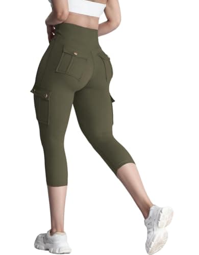 Image of Nuofengkudu Cropped Leggings for Women UK High Waisted Cargo Pockets Tummy Control Walking Ladies Cut off Legging 3 Quarter Length Tights Joggers Soft Capri Crop Pants Sports Gym Army Green L