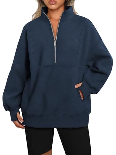 Image of Famulily Womens Quarter Zip Sweatshirt Casual Long Sleeve Warm Mock Neck Pullover Tops with Pockets Navy XL
