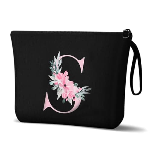 Image of Aucuu Personalized Makeup Bag, Letter Canvas Cosmetic Bag, Travel Makeup Organiser, Perfect Birthday Gifts for Mom and Best Friend, Bride Bridesmaid Cosmetic Bag(Black S)