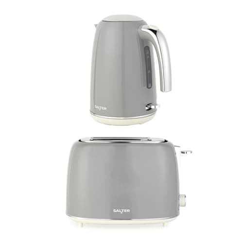 Image of Salter Retro Kettle & 2-Slice Toaster Set – 1.7L 3kW Jug Kettle with 360° Base, Water Level Window, 815W Wide Slot Toaster, Plastic, 6 Browning Levels, Removable Crumb Tray, Grey