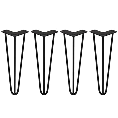 Image of Monster Shop 4 x Hairpin Legs/Hair Pin Legs Set SkiSki Legs Furniture Desk Bench Chair Table 14" 3 Prong 10mm Black Steel & Protector Feet…
