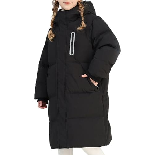 Image of 9-10 Years Girls Winter Jacket Thick Hooded Coats Warm Mid-Length Windproof Parka Coat Puffer Coat Padded Overcoat Outerwear Fleece Lined Kids Padded Jacket for Girls & Boys Autumn, Winter Black