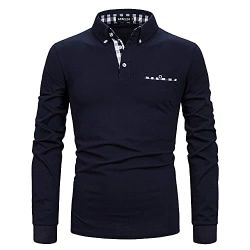 Image of APAELEA Men Polo Shirt Long Sleeve Cotton Golf T-Shirt Casual Tops,Navy Blue,L