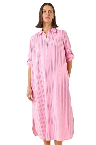 Image of Roman Originals Shirt Dress for Women UK- Ladies Long Sleeve Belted Collared Midi Maxi Winter Autumn Smart Casual Button Through Evening Office A Line Swing Skater - Stripe Pink - Size 14