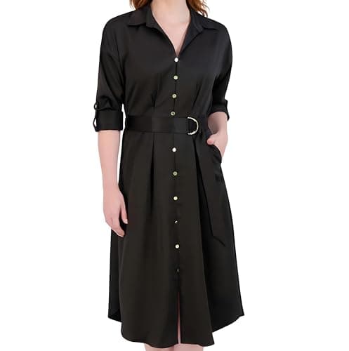 Image of French Connection Women's Satin Belted Shirt Dress - Maxi, Long Sleeve Button-Down, Casual Style for Everyday Wear, Black, XL