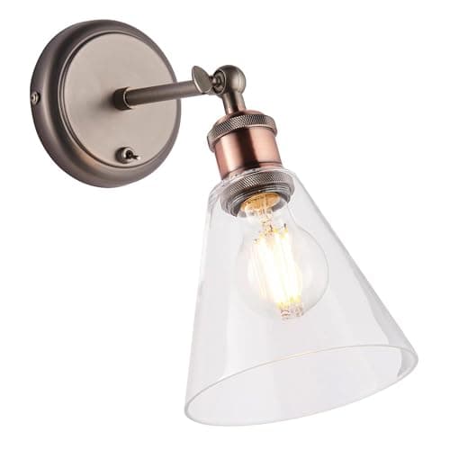 Image of National Lighting Guido E27 Wall Light - Aged Pewter Aged Copper with Adjustable Clear Glass Shade, Indoor Wall Sconce for Bedroom, Living Room & Hallway - Steel Fixture, Toggle Switch, 273mm Height