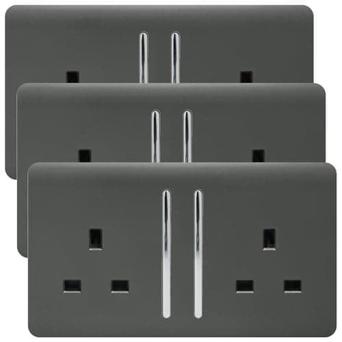 Image of Trendi 2 Gang Artistic Modern Glossy 13 Amp Switched Plug Socket Charcoal (3 Pack)