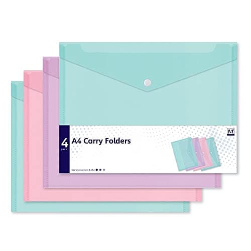 Image of 4 Assorted Pastel Colour A4 Document Stud Wallets Plastic Carry Popper Folder Pink Aqua