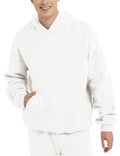 Image of FAIABLE Men's Hoodies Pullover Oversized Soft Hooded Sweatshirts Long Sleeve Gym Athletic Travel Hoodies with Zipper Pocket, White, L