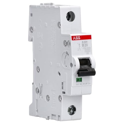 Image of ABB S201-B20 Miniature Circuit Breaker, 1 Pole, Type B, 6/10kA Breaking Capacity, 20 Amp Current (2CDS251001R0205) White