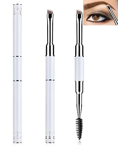 Image of Duo Eyebrow Brush - 1Pcs Pro Premium Quality Double Ended Eyebrow Brush & Spoolie, Angled Brow Brush with Lid for Precision Application & Blending of Eye Brow Powders, Waxes & Gels - White
