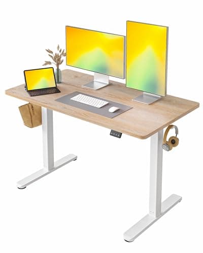 Image of FEZIBO Height Adjustable Electric Standing Desk, Rising desk, 120 * 60 cm Stand up Table,Sit Stand Home Office Desk with Splice Board, White Frame/Oak Top