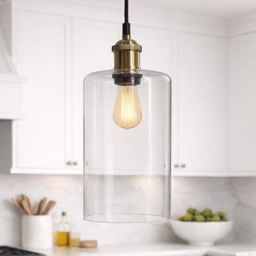 Image of CGC Lighting Indoor Glass Bistro Adjustable Ceiling Pendant Light Lamp Shade (Clear Cylinder)