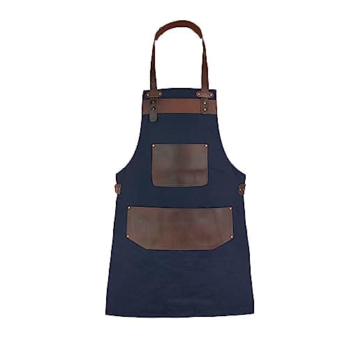 Image of Leathershire Full Grain Leather Canvas Apron Butcher DIY BBQ Cooking Blacksmith Barber woodwork apron (Blue)