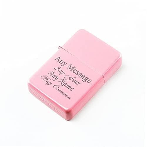 Image of Personalised Engraved Matt Pink Colour Painted Lighter, Add Any Message in a Choice of Fonts. Comes with a Soft Lined Metal Tin Gift Box for Presentation.