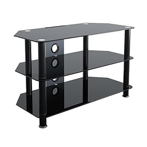 Image of MAHARA Glass Corner TV Stand – Universal Black TV Unit 80cm wide with Glass Shelves and Cable Management – TV Floor Stand Suitable for up to 42” TVs and Max Weight 40kg