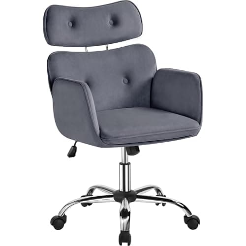 Image of Yaheetech Velvet Vanity Swivel Chair with Arms & Headrest, Ergonomic Rolling Makeup Chair w/Lumbar Support for Bedroom, Study, Office, Dark Gray