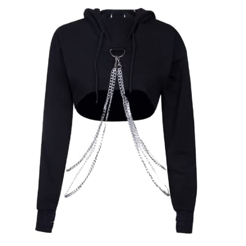 Image of XKBHYD Womens Gothic Crop Hoodie Iron Chain Punk Rock Tops Y2K Grunge Long Sleeve Sweatshirt Alt Mall Goth Emo Shirt Black