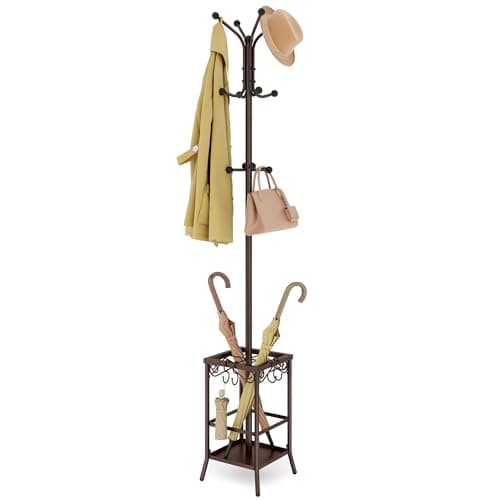 Image of Hoctieon Coat Rack Freestanding, Coat Tree with Umbrella Holder, Metal Coat Rack Stand with 12 Hooks, Standing Coat Hanger Stand, Umbrella Stand for Entryway, Hat Rack Stand for Home Office, Brown