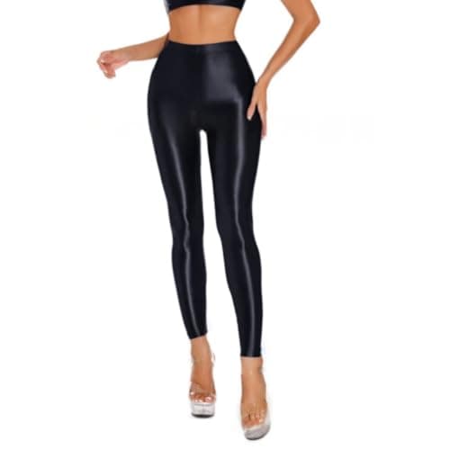 Image of Women's Shiny Leggings, High Waist Tummy Control Glossy Yoga Sports Pants, Stretchy Foil Metallic Spandex Tights for 80s Disco, Slim Fit Solid Full Length Trousers for Dancewear Nightclub Rave Party