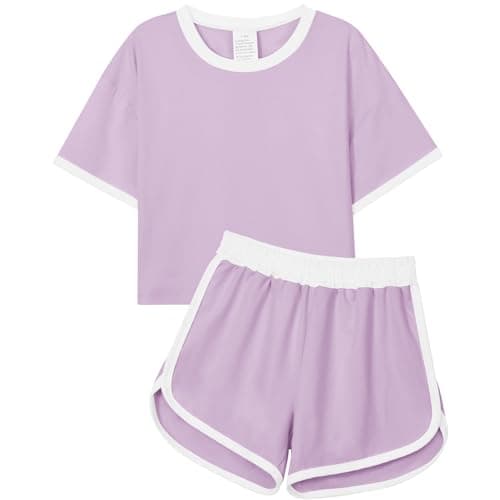 Image of Valcatch Girls 2 Piece Summer Outfit Kids Tracksuit Short Sleeve T Shirt Crop Top and Shorts Set Soft Breathable Short Sweatsuit Gym Activewear Casual School Clothes Sets 5-13 Years UK