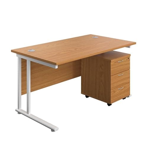 Image of Office Hippo Heavy Duty Rectangular Cantilever Office Desk, Home Office Desk With 3 Drawer Lockable Mobile Pedestal Cabinet, File Cabinet, 5 Yr Wty, White Frame, Grey Oak, 140 x 80 cm