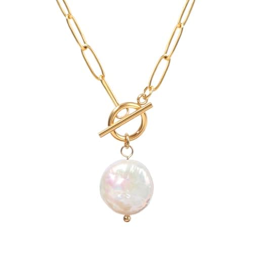 Image of TaYolnFaSo Freshwater Pearl Pendant Toggle Paperclip Necklaces for Women 18k Gold Plated Paperclip Chain Necklace Round Natural Pearl Jewelry for Wife Mother Girlfriend