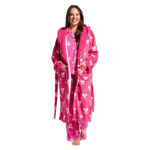 Image of OHS Bow Print Dressing Gown Womens, Mothers Day Gifts Super Soft Warm Flannel Fleece Hooded Bathrobe with Pockets Fluffy Sherpa Lined Luxury Oversized Fluffy Ladies Dressing Gowns, Hot Pink