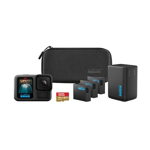 Image of GoPro HERO13 Black Extended Power Bundle - Includes Dual Battery Charger, 3 Enduro Batteries, 64GB microSD Card, Curved Adhesive Mount, and Camera Case