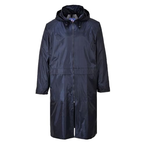 Image of Portwest S438 Classic Rain Jacket Mens Waterproof Long Raincoat Lightweight Hooded Vented Workwear 2 Pockets Wet Weather Coat, Navy, M
