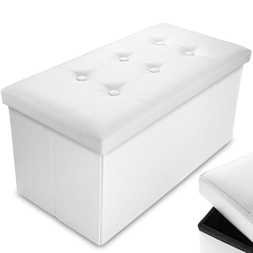 Image of Nyxi Foldable Ottoman Storage Box, 76x38x38cm, 80L Capacity, Faux Leather, Multi-Purpose Seat, Foot Stool, Storage Organizer with Lid for Kids Toys, Bedroom, Hallway, Living Room White