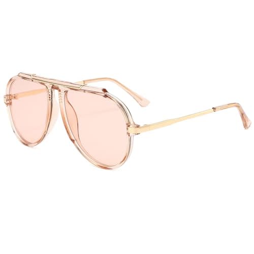 Image of Long Keeper Oversized Pilot Sunglasses - Women Men Retro 70s Gold Square Sunglasses Vintage Flat Top Driving Glasses Sunnies UV400 Protection (Light Brown Light Brown)