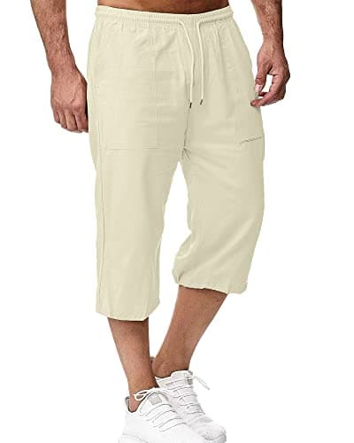 Image of LVCBL Men's Cotton Linen Blend Below Knee Shorts - Drawstring Beach Capri Shorts with Pockets Beige L