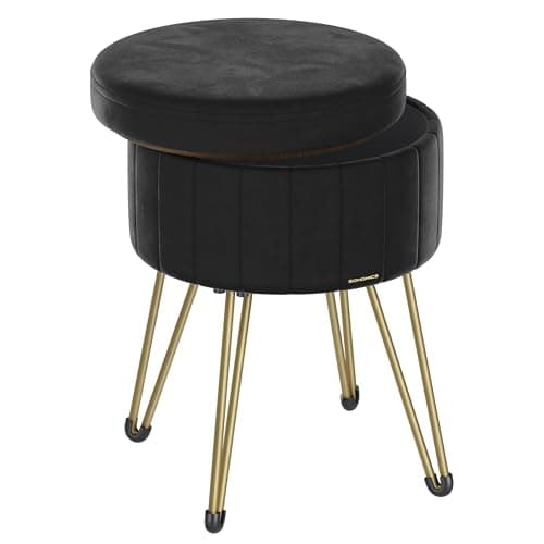 Image of SONGMICS Storage Ottoman, Velvet Dressing Table Stool, 39 x 44.4 cm (Dia. x H), Round Storage Stool Seat, 4 Metal Legs, for Dressing Room, Living Room, Bedroom, Ink Black LOM003B51