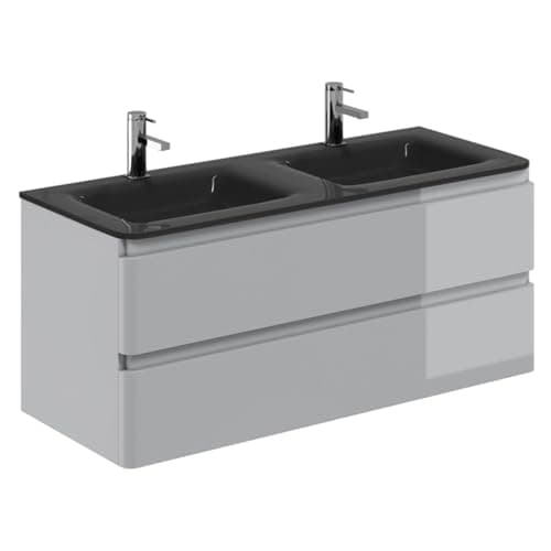 Image of Go Bathrooms Vanity Unit 1200mm Cool Grey Double Bathroom Sink Grey Glass Basin Wall Hung Soft Close Drawers Newbold Bathroom Storage Vanity Unit
