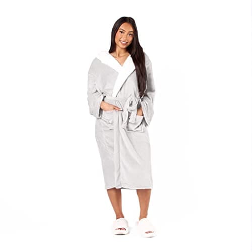 Image of Sienna Womens Fleece Robes for Women with Hood Sherpa Lined Warm Soft Plush Long Ladies Spa Hotel Lightweight Bathrobe Sleepwear Men Adults - Silver Grey