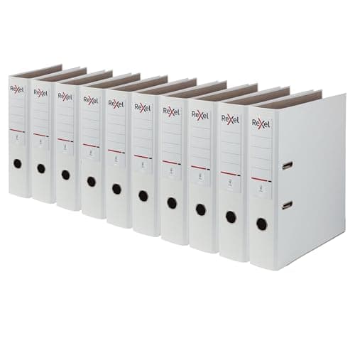 Image of Rexel A4 Lever Arch Files, White Polypropylene Filing Folders, Durable PP ECO 75 mm Spine Holds Up to 500 Sheets, for A4 Document Storage and Everyday Filing, Pack of 10