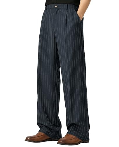 Image of FEDTOSING Wide Leg Pinstripe Trousers Men Baggy Pleated Dress Pants Stylish Casual Summer Vacation Lightweight Street Slacks Navy